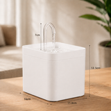 automatic pet water fountain on a wooden table with measurements visible, promoting healthy pet hydration.